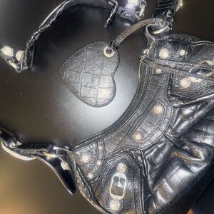 BALENCIAGA Black Croc-Embossed Handbag with Heart Tag